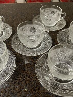 Pressed Clear Glass Tea Cup and Saucer Set - Elegant Floral Pattern
